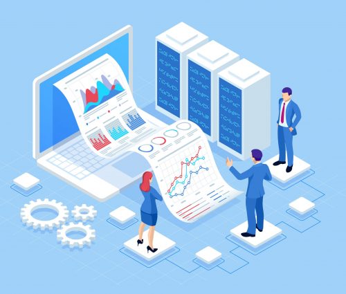 Cartoon illustration showing business people looking at a data on a computer Cartoon illustration showing business people looking at a data on a computer