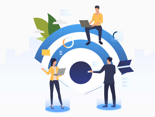Cartoon business people looking at chart graphics Cartoon business people looking at chart graphics